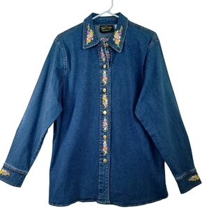 Bob Mackie Wearable Art Denim Shirt Embroidered Maypole Dance Button Front Med